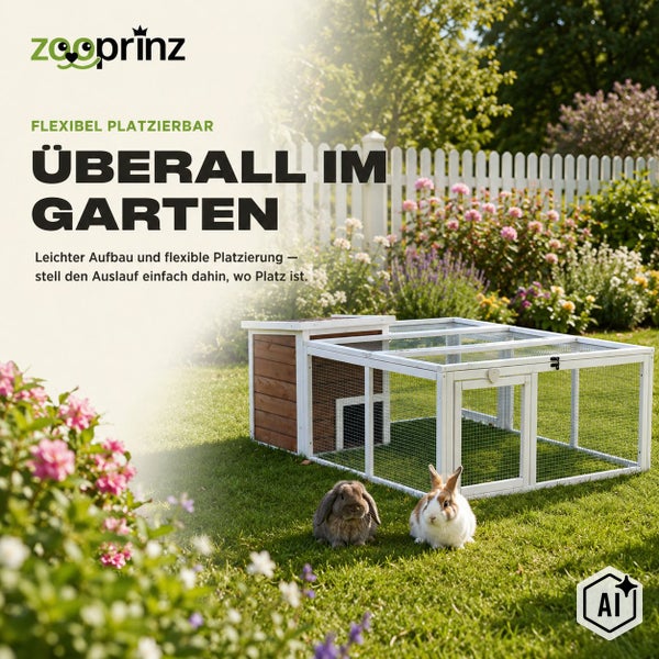 Kaninchenstall mit Freilaufgehege aus Holz im Garten mit zwei Kaninchen vor einem weißen Zaun und Zooprinz Logo.