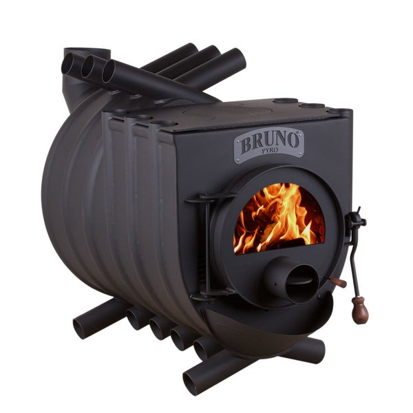 Schwarzer Bruno Pyrotechnik Holzofen mit brennendem Feuer