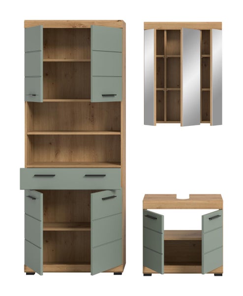 Badezimmermöbel-Set in Holzoptik und Salbeigrün mit Hochschrank, Spiegelschrank, Waschbeckenunterschrank und schwarzen Griffen.