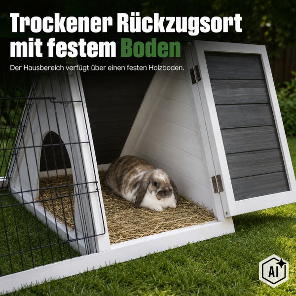 Ein Kaninchenstall aus Holz mit festem Boden und einem Kaninchen im Innenbereich.