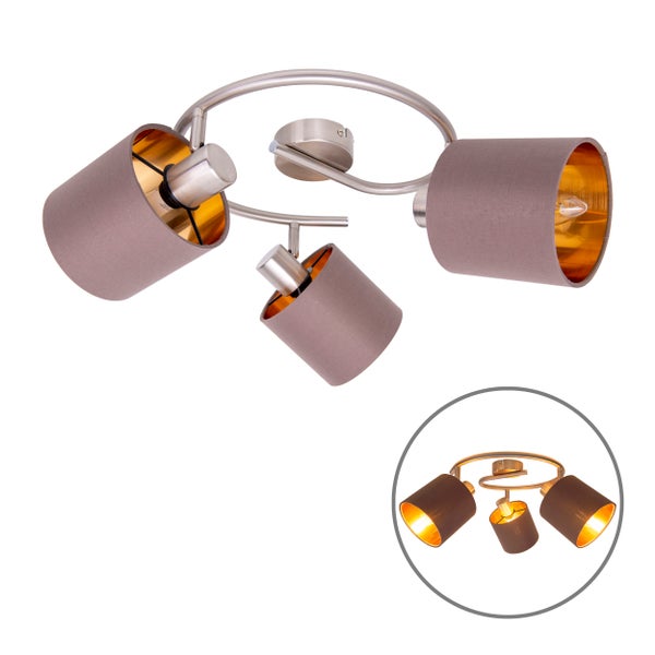 3er Wand- und  Deckenrondell MARON aus Metall satiniert-matt mit Stoffschirmen  in Braun, mit E14-Fassung, Lampe für Wohnzimmer, Esszimmer, Flur und Büro, 28,5 cm Durchmesser