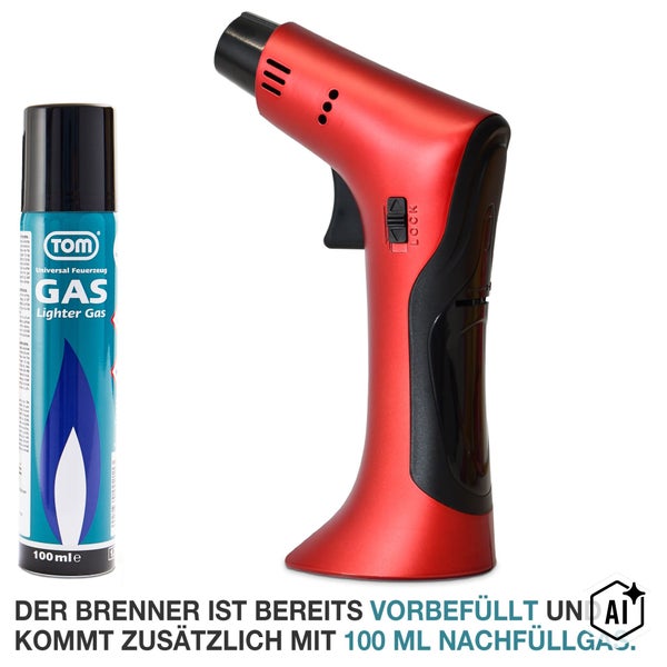 Gasbrenner mit Sperrfunktion und 100 Milliliter Nachfüllgas in der Dose.