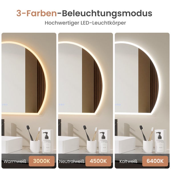 Badezimmerspiegel mit LED Beleuchtung und drei einstellbaren Farbtemperaturen von warmweiß über neutralweiß bis kaltweiß für eine optimale Optik.