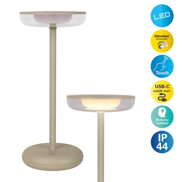 Akku-Tischleuchte PASI für Außen und Innen, aus Metall und Kunststoff in Beige, dimmbar, mit Touch- und Memory-Funktion, ca. 26 cm hoch