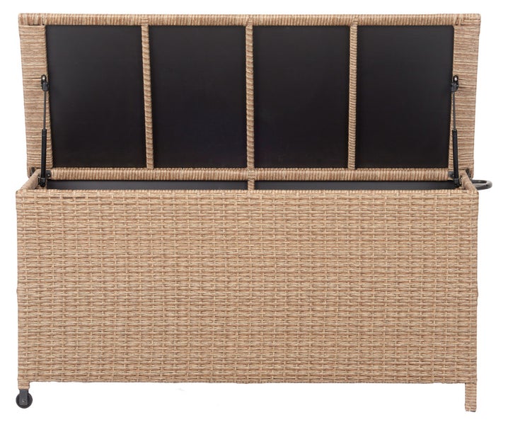 Geöffnete Aufbewahrungsbox aus Polyrattan mit Rollen