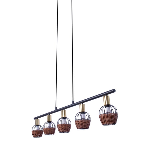 5er Pendelleuchte CORBIS,  Hängelampe aus Metall in Schwarz, mit Gold und Rattan, mit E14-Fassung, für Esszimmer, Wohnzimmer, Diele oder Büro, 100 cm lang