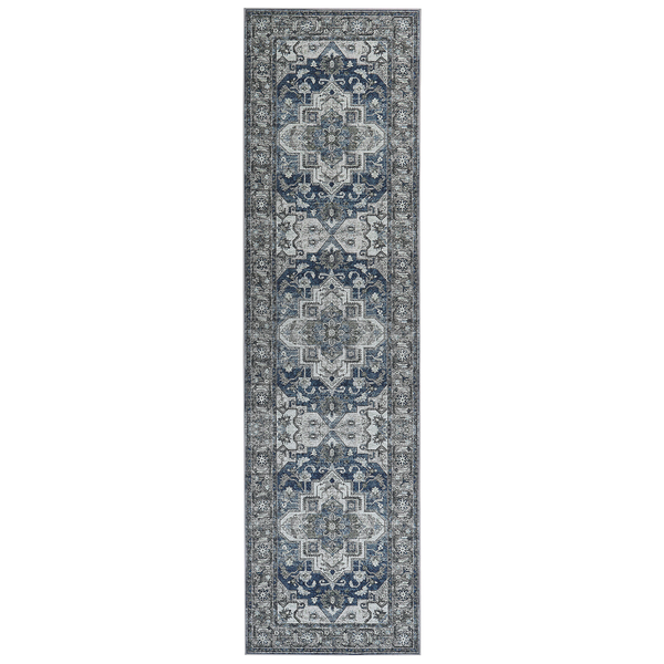 Teppich grau / blau 80 x 300 cm orientalisches Muster Kurzflor KOTTAR