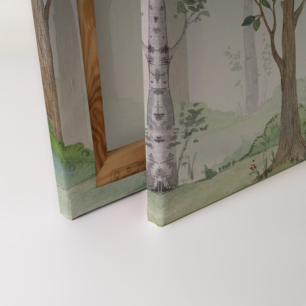 Wandbild auf Leinwand mit Waldmotiv auf Holzrahmen.