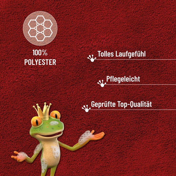 Teppich aus 100 Prozent Polyester. Merkmale: angenehmes Laufgefühl, pflegeleicht und geprüfte Top-Qualität. Mit Frosch-Maskottchen.