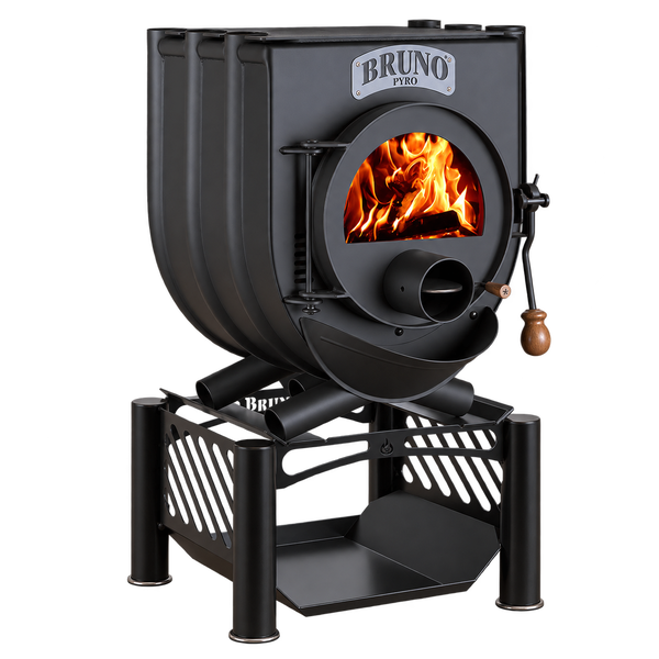 Bruno Pyro Kaminofen mit Sichtfenster und Holzfeuer auf einem Metallgestell mit Bruno Logo