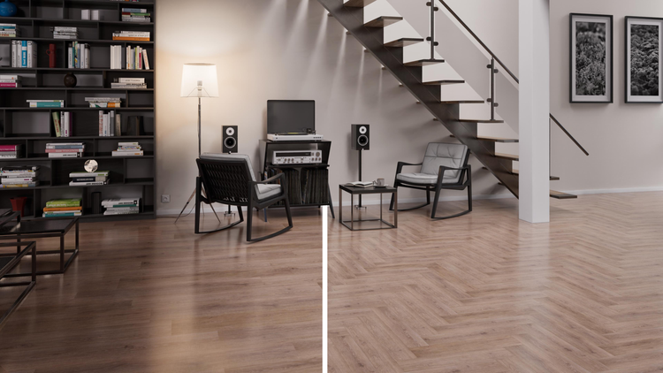 Wohnzimmer mit Bücherregal, Treppe, Bodenleuchte und Vinylboden in Fischgrätmuster