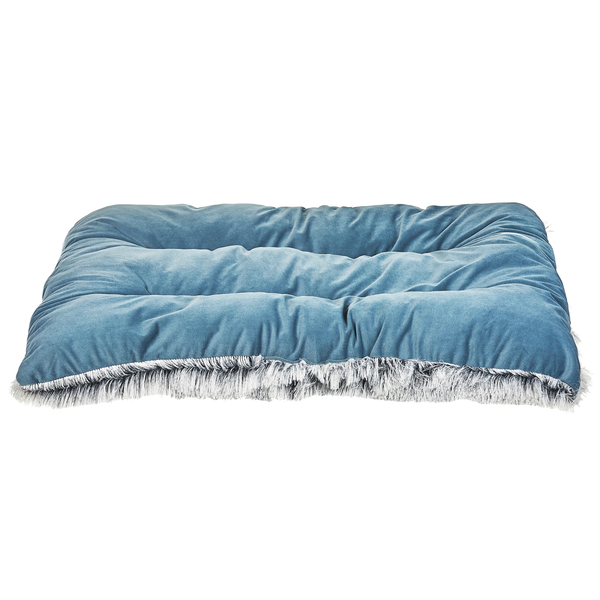 Rechteckiges blaues Hundekissen mit Samtoberfläche und weißem Kunstfellrand.