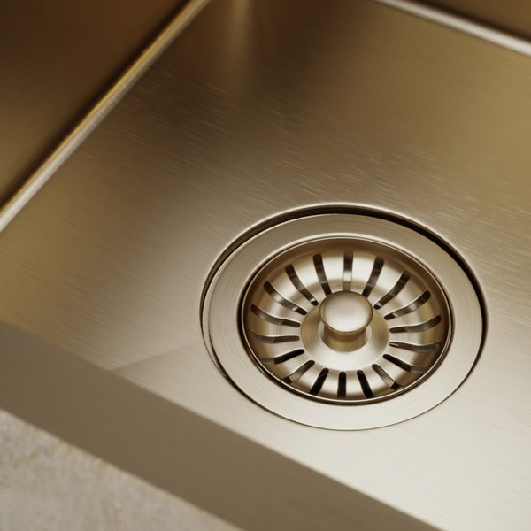 Einbauküchenspüle aus Metall mit Siebkorbventil in der Ansicht von oben