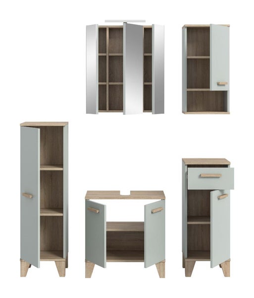 Badezimmermöbel Set bestehend aus Spiegelschrank, Hochschrank, Waschbeckenunterschrank und Beistellschrank im Holzdekor mit geschlossenen Fronten.