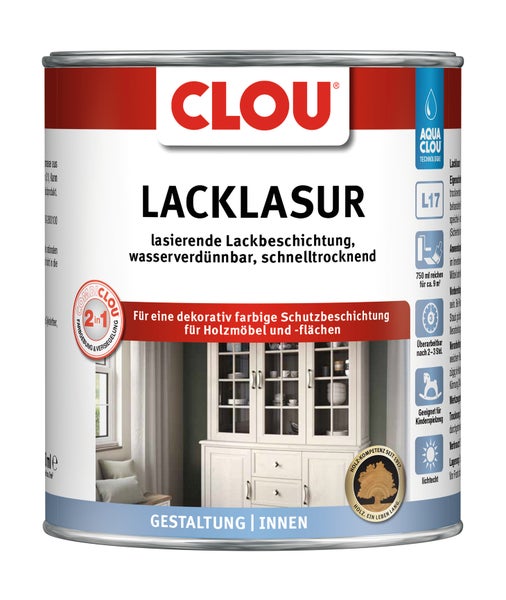 Clou Lacklasur 2 in 1 für Holzoberflächen im Innenbereich, wasserbasiert, schnelltrocknend, geeignet für Kinderspielzeug und lichtecht.