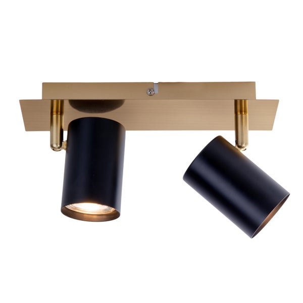 Deckenspot mit zwei schwarzen Lampenköpfen und goldfarbener Halterung