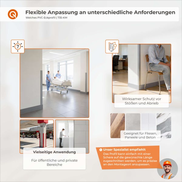 Anwendungsbeispiele für ein flexibles PVC Eckprofil in öffentlichen und privaten Bereichen.