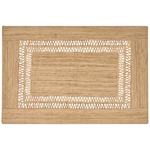 Detailansicht eines Teppichs aus geflochtener Jute mit dekorativem Muster