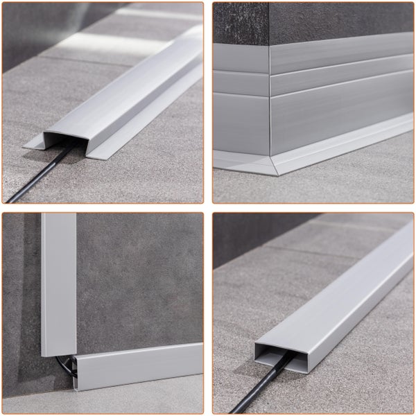 Vier Bilder zeigen eine metallene Sockelleiste zur Kabelführung, montiert an Wand und Boden zur sauberen Verlegung von Stromkabeln.