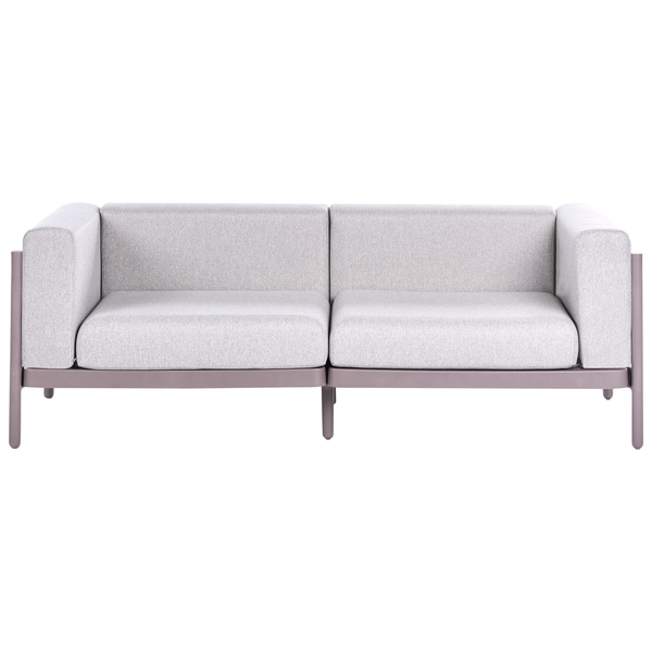 Modernes 2-Sitzer Gartensofa mit hellgrauen Stoffpolstern und einem dunkelgrauen Metallgestell.