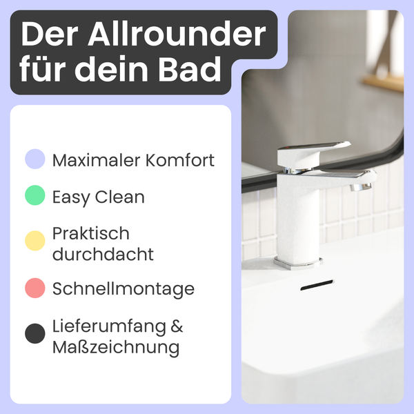 Waschtischarmatur im Badezimmer mit Informationen zu Komfort, Reinigung, Montage und Lieferumfang