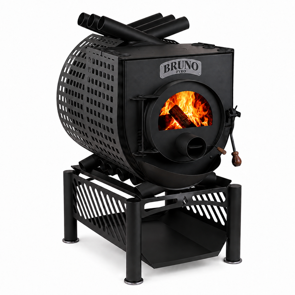 Bruno Pyro Warmluftofen mit gusseiserner Sichtscheibe und Holzofen Design auf einem stabilen Metallgestell.