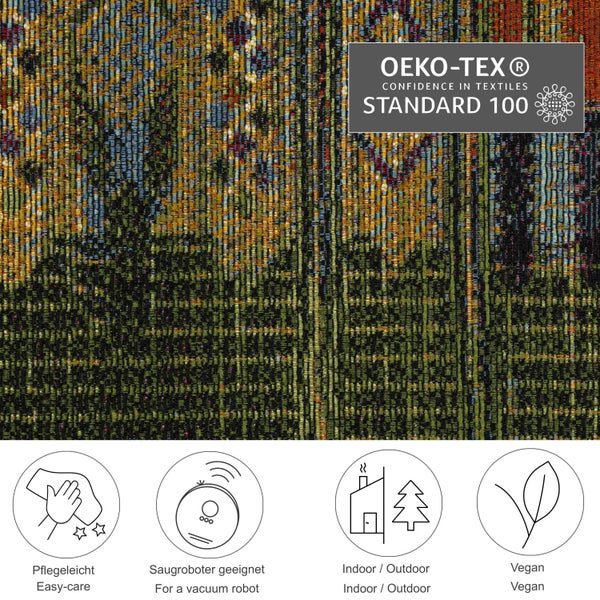Gewebter Teppich mit OEKO-TEX STANDARD 100 Siegel, pflegeleicht, für Saugroboter geeignet, für Indoor und Outdoor, vegan.