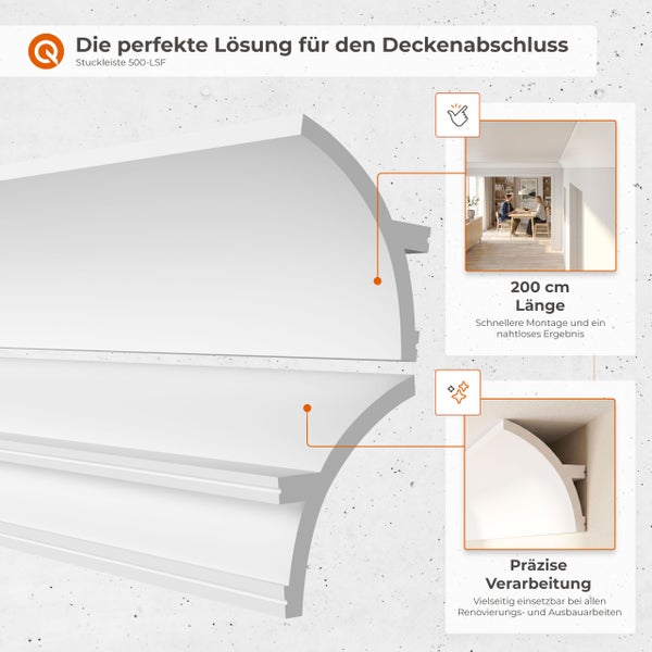 Stuckleiste 500-LSF zur Deckengestaltung mit Montagehinweisen und Anwendungsbeispielen für ein nahtloses Ergebnis und präzise Verarbeitung.