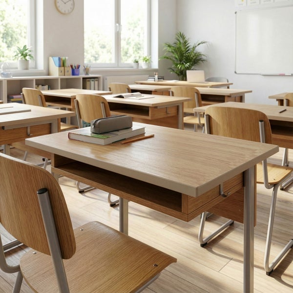 Helles Klassenzimmer mit Holztischen, Stühlen und Tafel