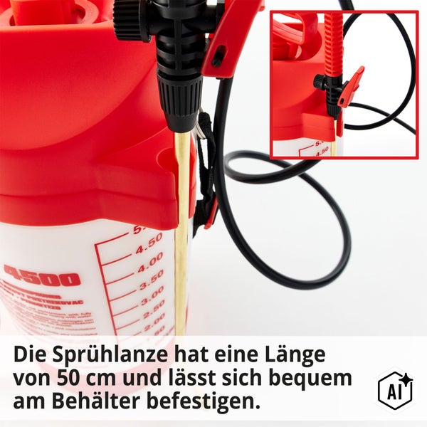 Drucksprüher mit 50 Zentimeter Sprühlanze und Halterung am Behälter für Gartenanwendungen