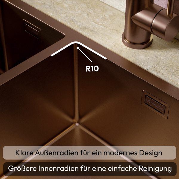 Edelstahlspüle mit R10 Eckradius und Lomazoo Logo im modernen Küchendesign für eine einfache Reinigung.