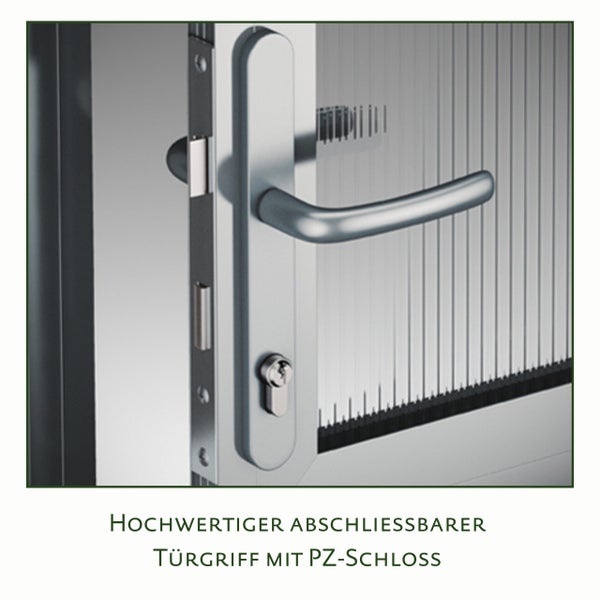 Hochwertiger, abschließbarer Türgriff aus Metall mit Profilzylinderschloss an einer Glastür.