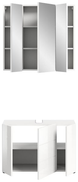 Weißes Badezimmermöbel-Set bestehend aus einem Spiegelschrank mit drei Türen und einem Waschtischunterschrank mit Einlegeböden.