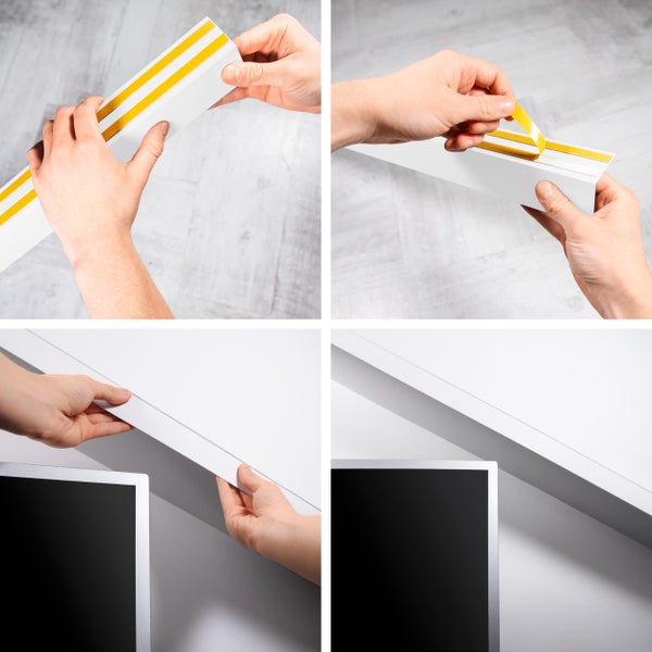 Montage einer weissen Zierleiste mit Klebeband