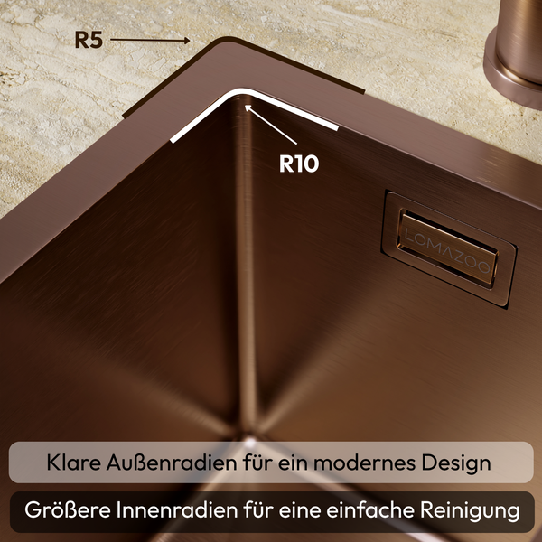 Edelstahlspüle mit eckigem Design, Außenradius R5 und Innenradius R10, Lomazoo Logo, für moderne Küchen.
