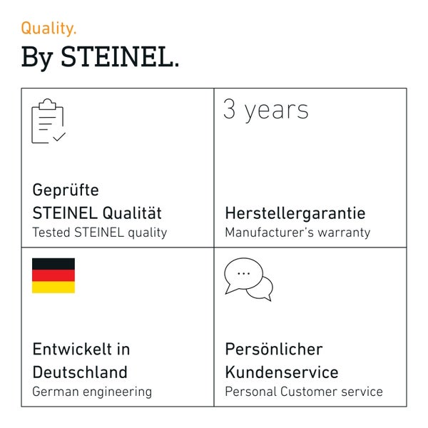 Informationstafel zu Steinel Qualitätsmerkmalen wie geprüfte Qualität, drei Jahre Herstellergarantie, Entwicklung in Deutschland und Kundenservice.