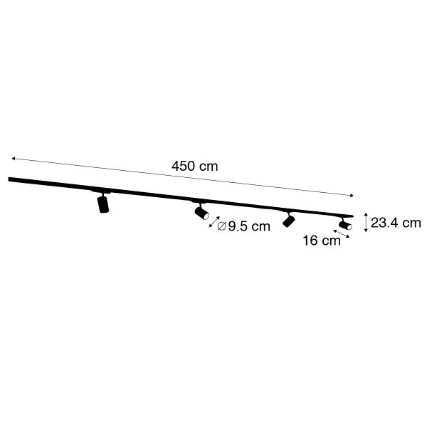 Modernes Schienensystem schwarz mit 4 Spots 3-Phasen - Lineal
