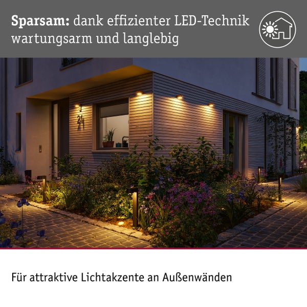 Technische Zeichnung einer runden Wandleuchte mit 15 Watt, IP44 Schutzklasse und 5 Jahren Garantie.