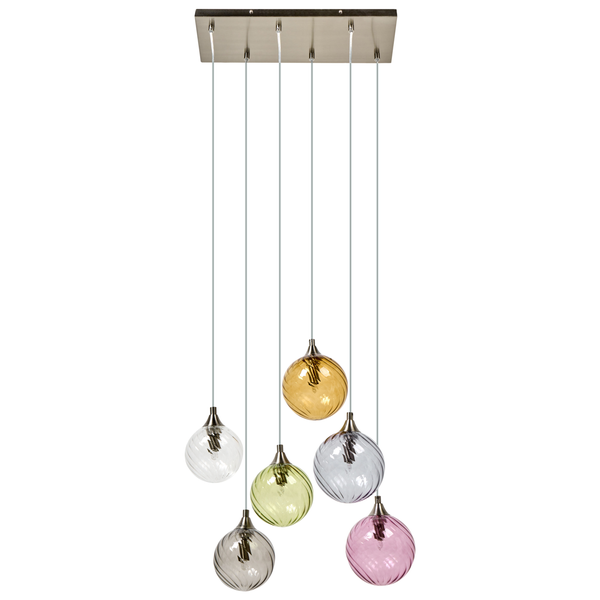 Pendelleuchte mit sechs Glaskugeln in verschiedenen Farben