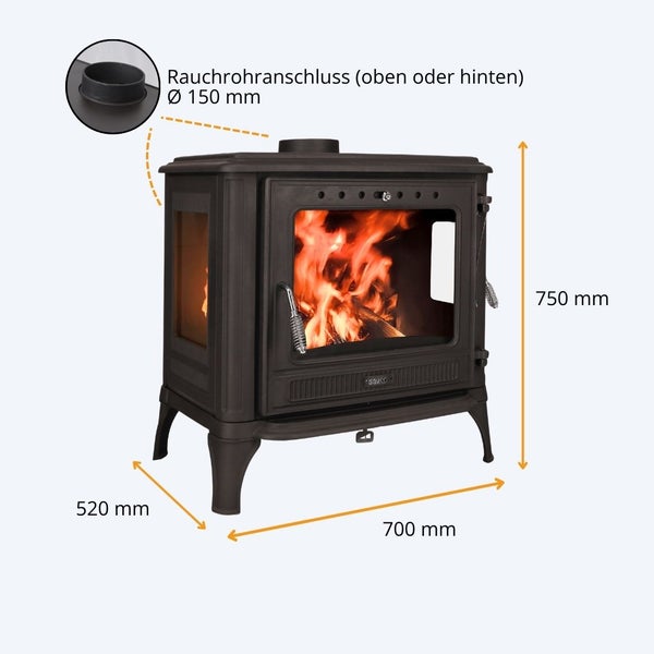 Kaminofen mit Sichtfenster und Maßangaben sowie Rauchrohranschluss mit 150 Millimeter Durchmesser für Anschluss oben oder hinten.