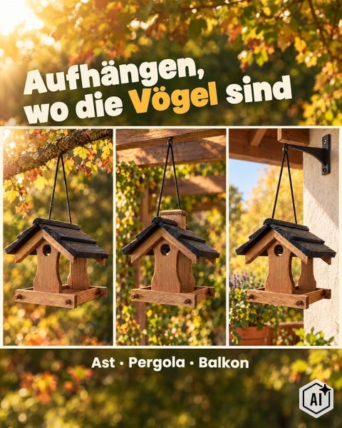 Holzvogelhaus zum Aufhängen an Ast, Pergola oder Wandhalterung im Garten oder auf dem Balkon zur Vogelfütterung.