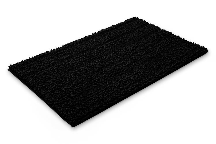 Schwarze rechteckige Badematte mit weicher Chenille-Struktur.