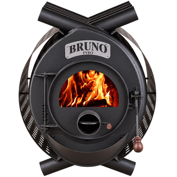 Bruno Pyro Kaminofen mit Sichtfenster und brennendem Feuer im Inneren, aus Stahl gefertigt