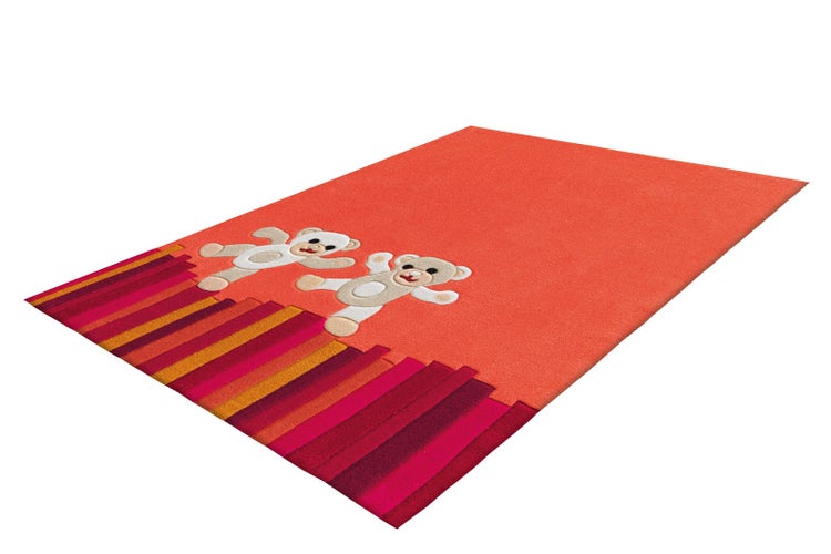 Kinderteppich mit Teddybären-Motiv und bunten Streifen am Rand.