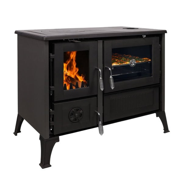 Holzherd mit integriertem Backofen, Brennkammer mit Sichtfenster und Feuer, Gehäuse aus Gusseisen.