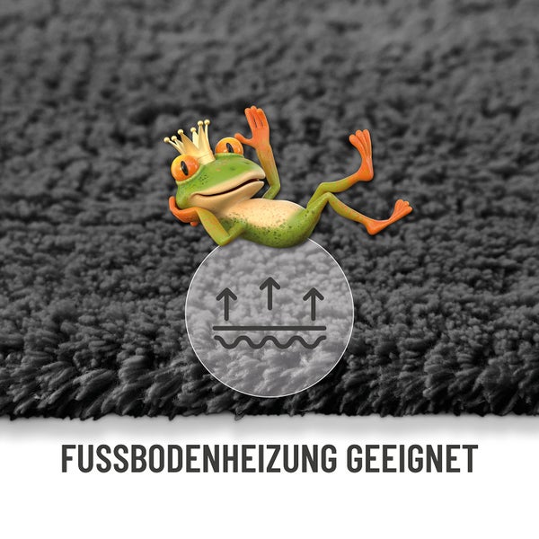 Graue Badematte mit 20 Millimeter Florhöhe, weicher Oberfläche, rutschhemmender Rückseite, waschbar bei 30 Grad.