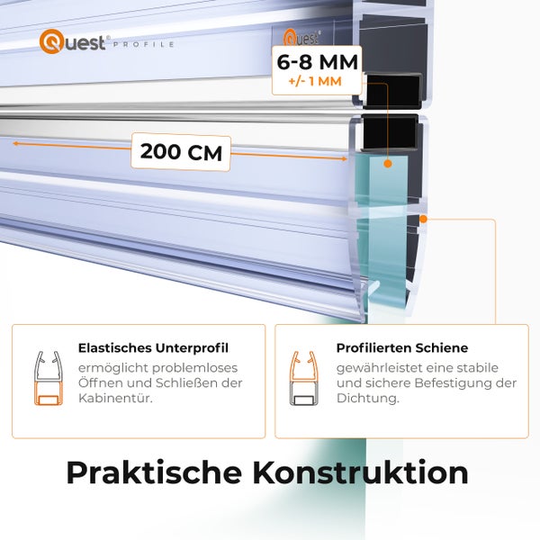 Quest Logo. Duschdichtung, 200 Zentimeter lang, für Glasstärken 6 bis 8 Millimeter, elastisches Unterprofil und profilierte Schiene.