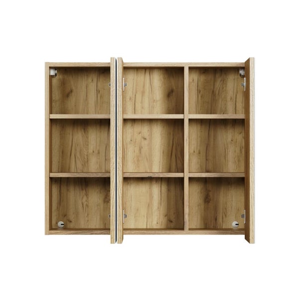 Offener Badezimmerschrank in Holzoptik mit mehreren Fächern zur Wandmontage.