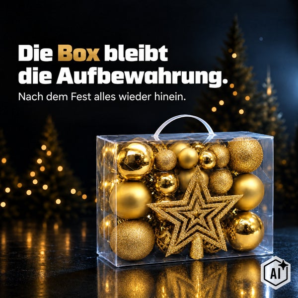 Transparente Aufbewahrungsbox gefüllt mit goldenen Weihnachtsbaumkugeln und einem Christbaumspitzen Stern.
