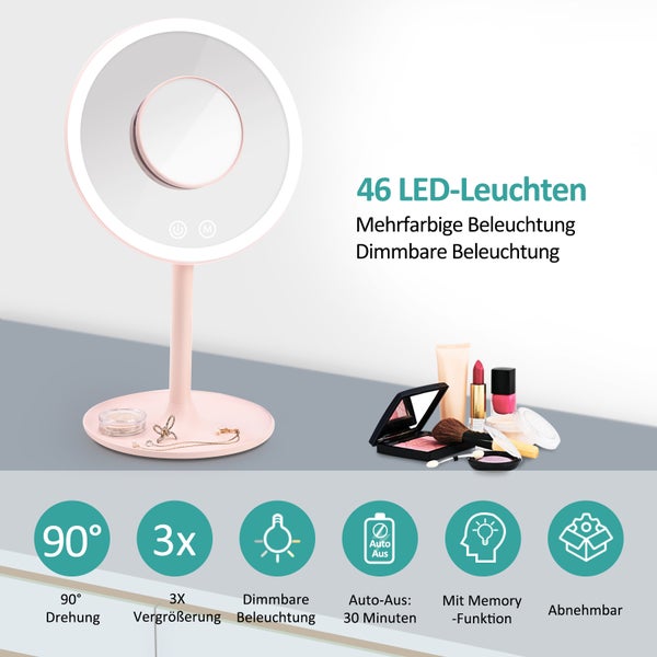 EMKE Macaron Runder Kosmetikspiegel mit Beleuchtung, Tischspiegel mit Touchschalter, 3 dimmbare Lichtfarben, Rosa, ф20cm